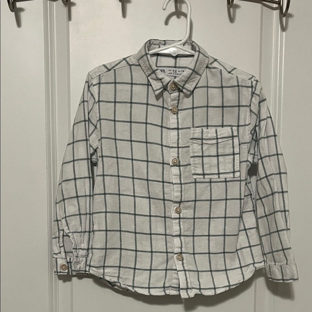 Zara Kids White and Green Grid Button Down Shirt